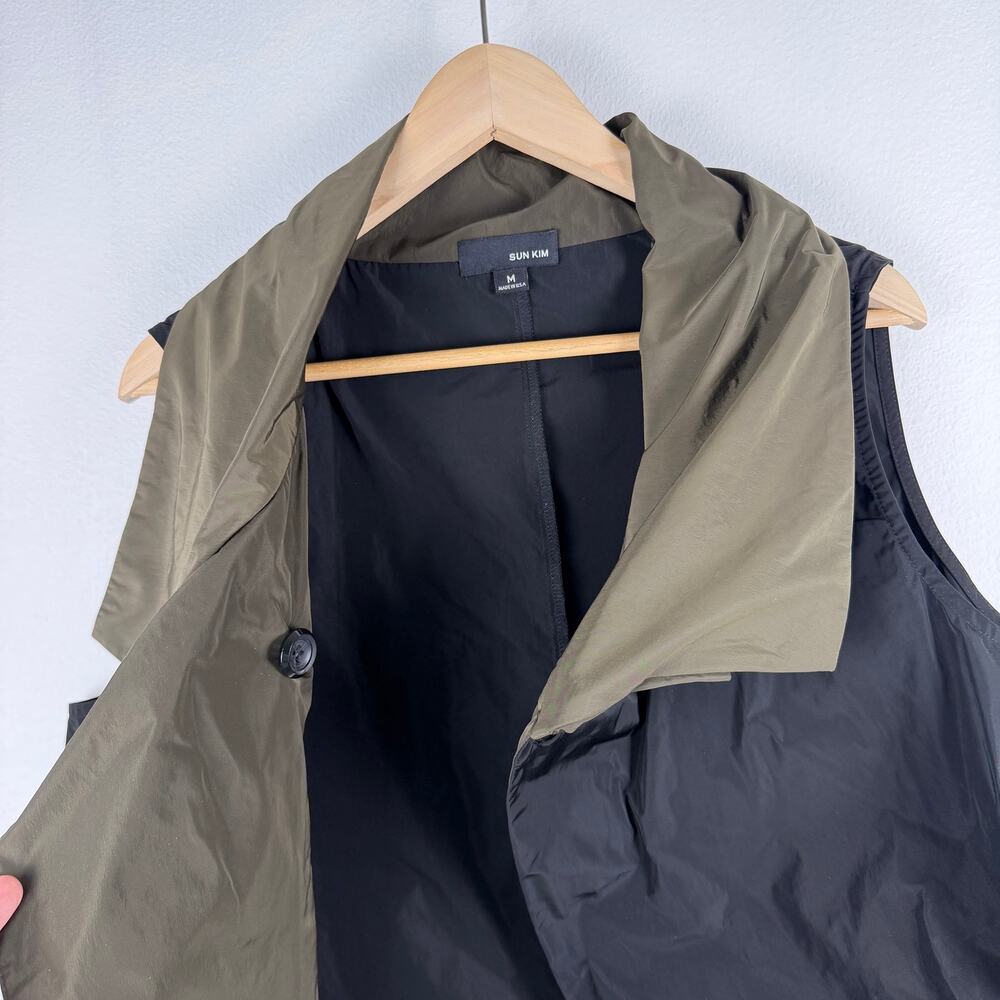 SUN KIM Raphael Vest Black Olive Green Lapel Collar Cropped Jacket Size Medium - Picture 6 of 8
